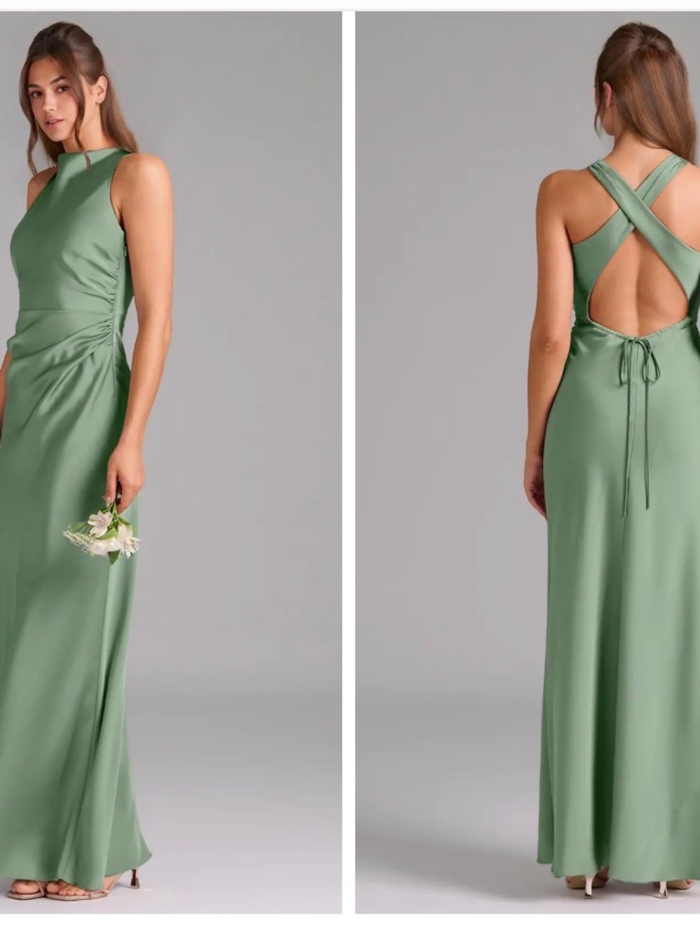 Azazie Satin Cross-Back Maxi Dress in Matcha